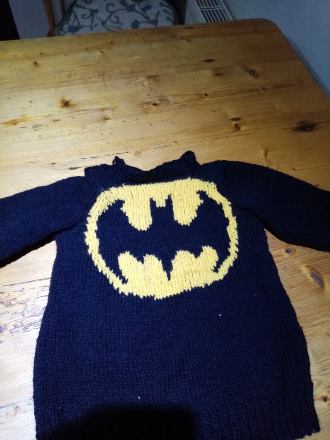 Jumper (front) made by Evelyn for Batman obsessed Grandson